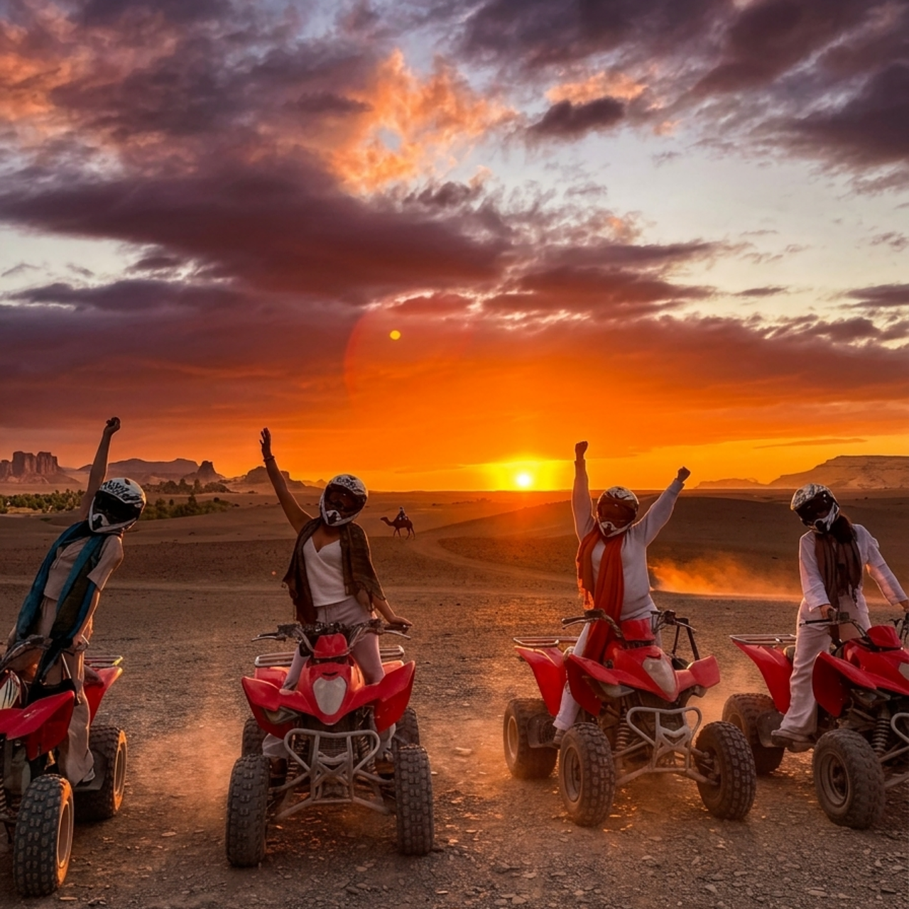 Riders raising their arms beside quad bikes during an Agafay desert tour from Marrakech, with a camel crossing the ridge at sunset