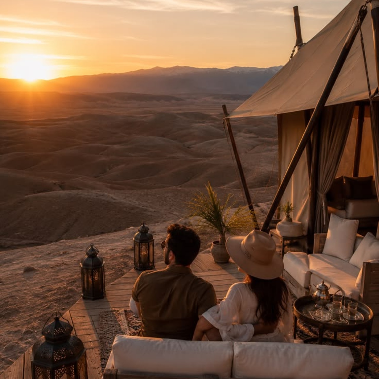 A luxury desert tent in Agafay with a couple watching the sunset outside
